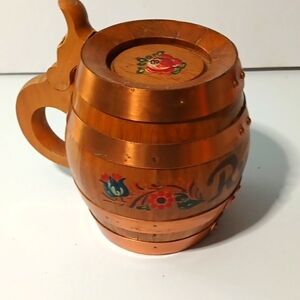 Handmade Vintage MCM Wooden Barrel Mug with Floral Design And Copper Trim